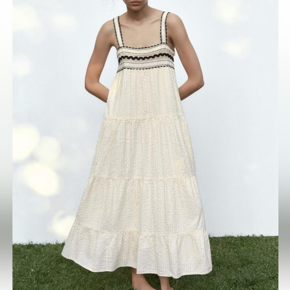 NWOT Zara seersucker maxi dress with ric-rac trim - size S